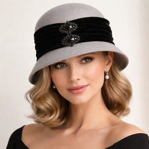 Toucan Collection Gray Felt Cloche Hat Black Velvet Band Rhinestone Buckle